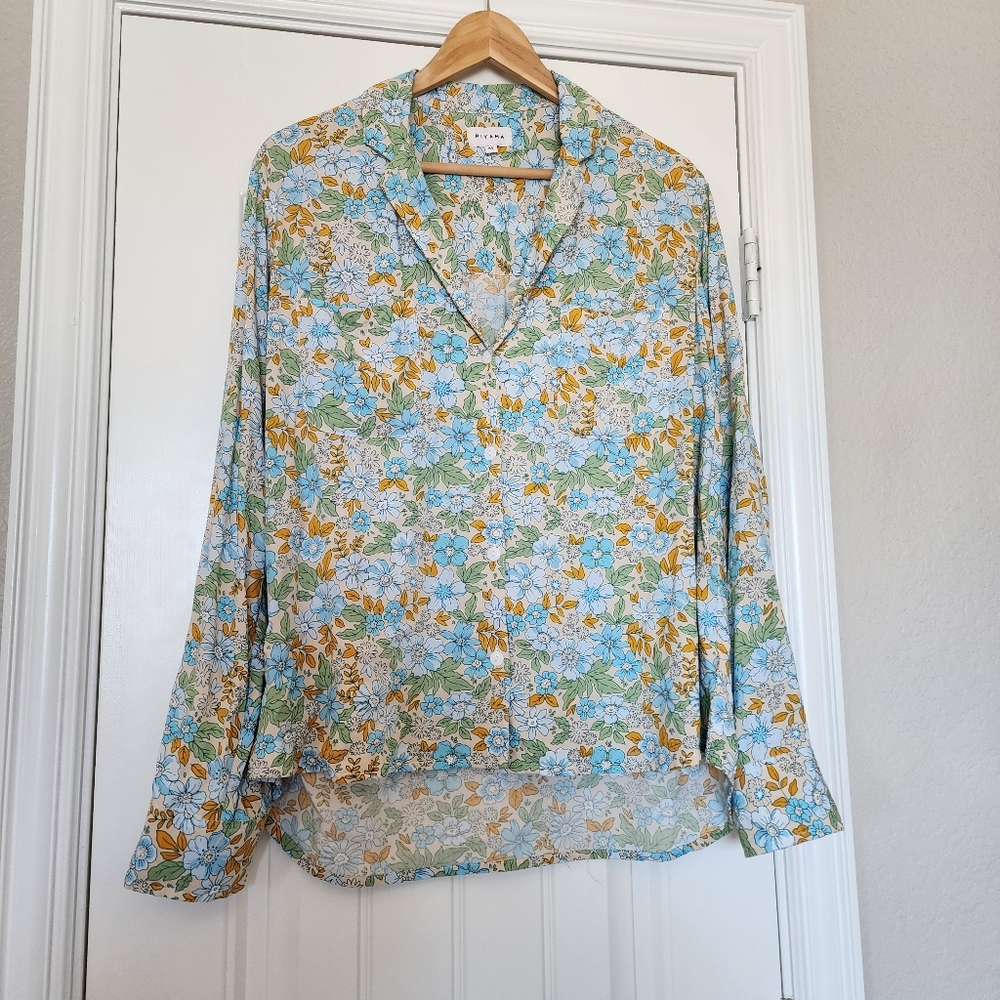 Piyama Blue Green Floral Pajama Shirt Medium